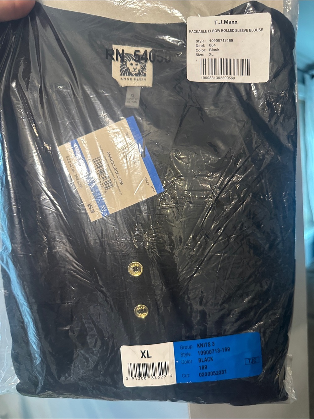 NWT Anne Klein Black Packable Elbow Rolled Sleeve Blouse Gold Button XL - Picture 3 of 8